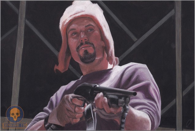A man in a funny hat with a shotgun aiming at some gunmen from above.