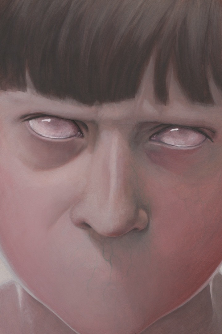 extreme close up painting of a child's face without a mouth and empty eyes, and a fringe of hair covering the forehead.