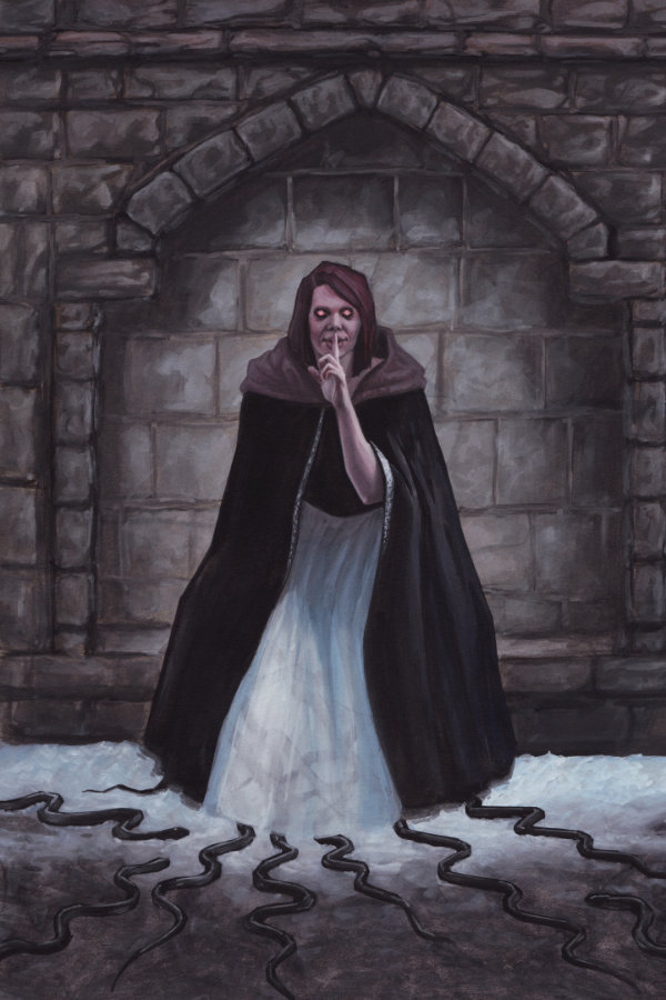 painting of a woman in a hooded grab with glowing eyes, standing in front of a stone wall and in snow, she is looking straight at the viewer and shushing the viewer to not tell anyone about her, there are snakes crawing from all around and going under her dress.