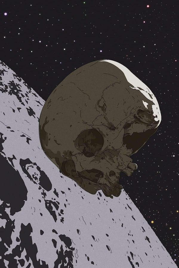 a floating skull in space passing through the moon and we can see the shadows and the crators from aove, could be an astramaut once.