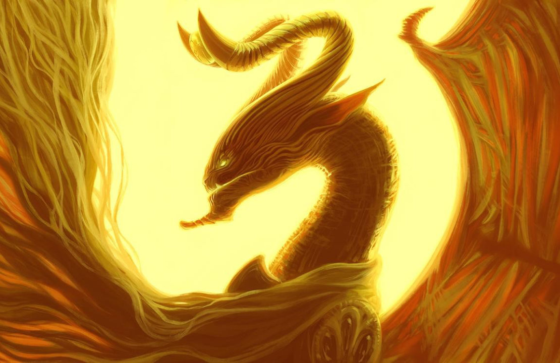 A dragon painting with some stylistic looseness and a lot of golden light, there are two horns and a goldern egg shaped artifact in between them.